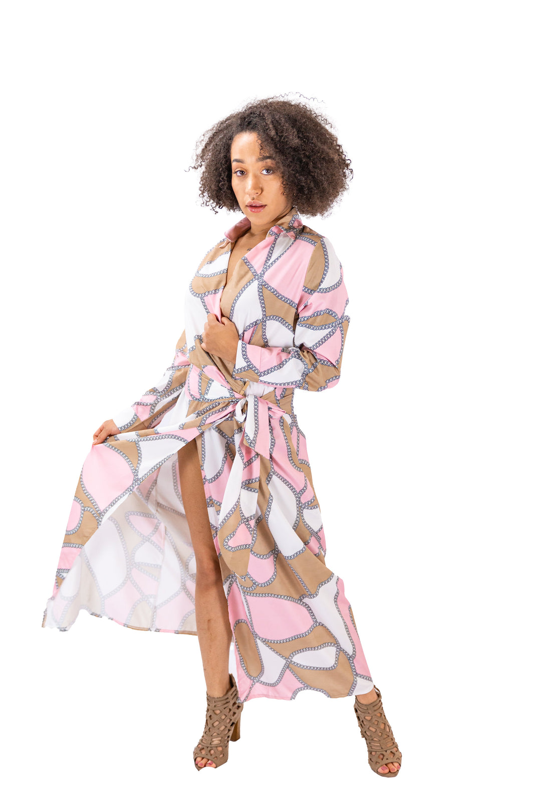 Pink Chain Print Long Wrap Dress
