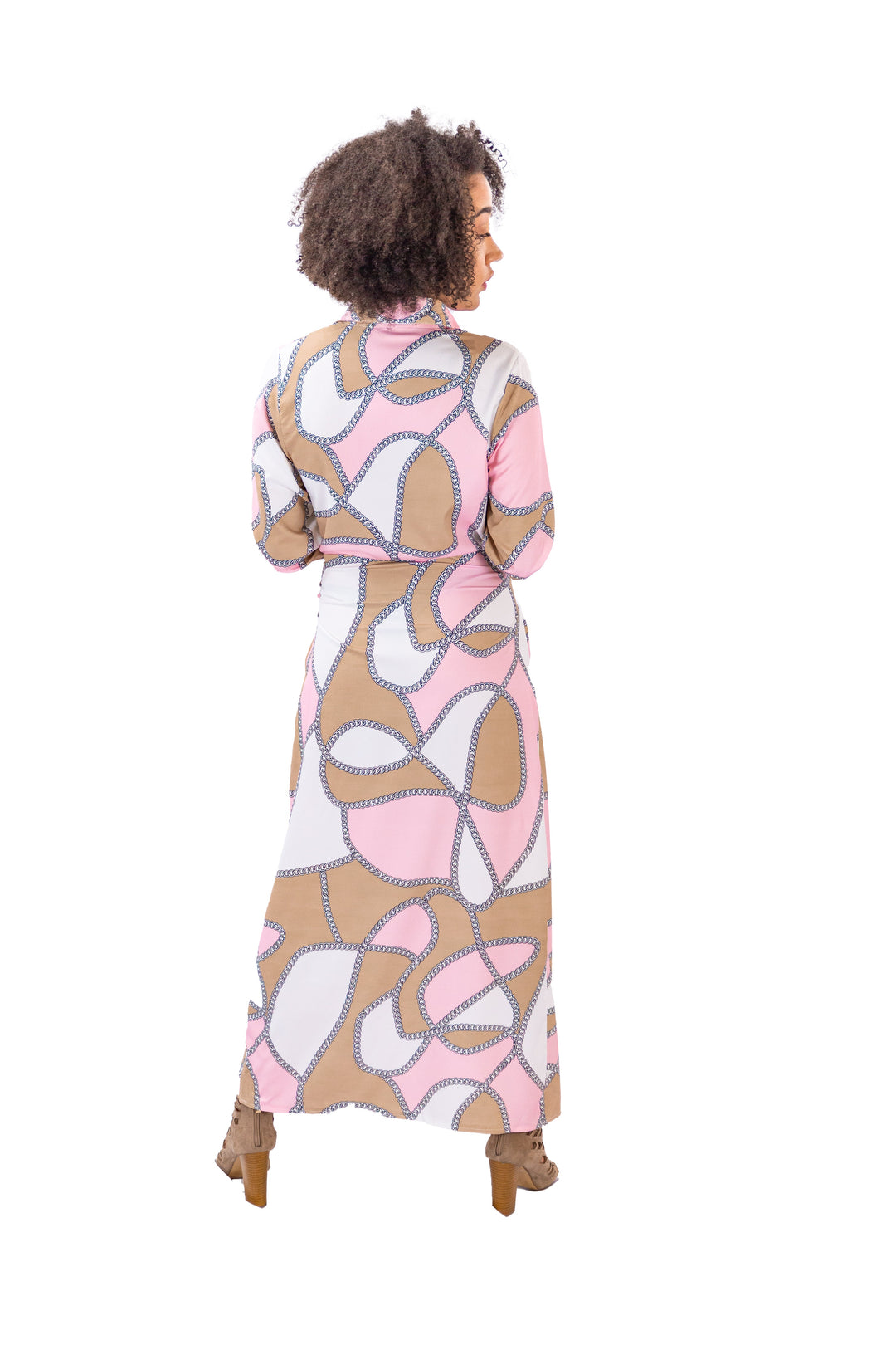 Pink Chain Print Long Wrap Dress