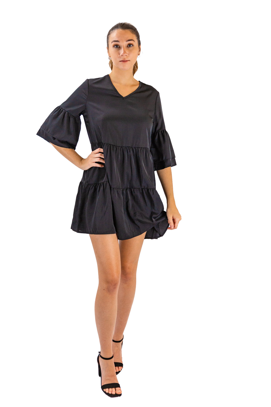Fabonics Midnight Elegance Black Tiered Dress with Ruffled Sleeves for Women