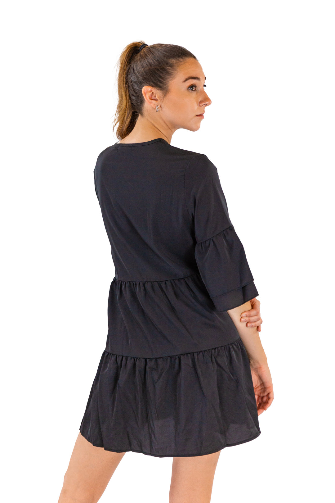Midnight Elegance: Black Tiered Dress with Ruffled Sleeves