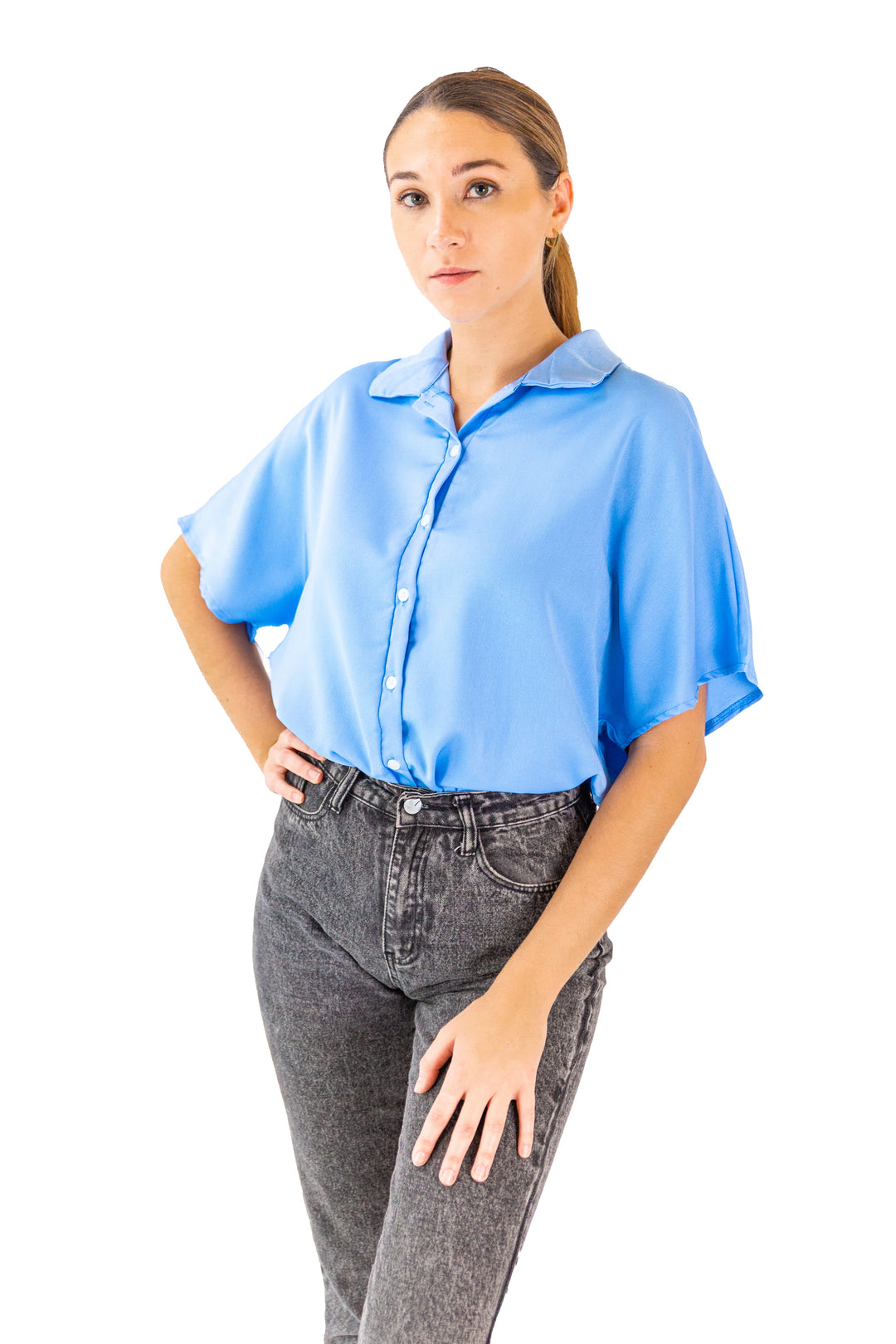 Fabonics Azure Breeze Blue Dolman Sleeve Button-Down Shirt for Women