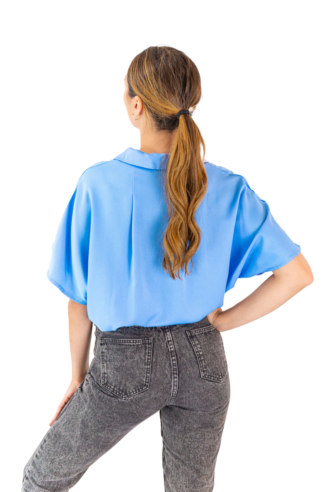 Azure Breeze: Blue Dolman Sleeve Button-Down Shirt