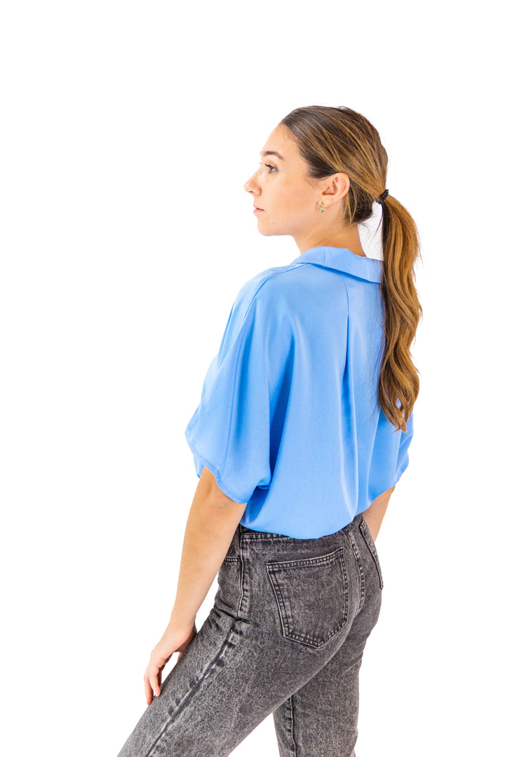 Azure Breeze: Blue Dolman Sleeve Button-Down Shirt