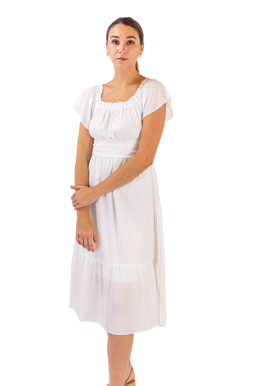 White Ruffle-Edged Off-Shoulder Midi Dress