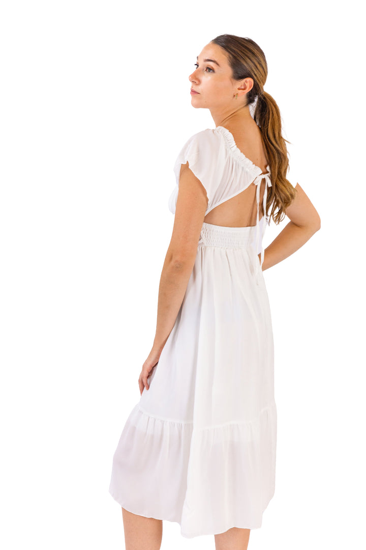 White Ruffle-Edged Off-Shoulder Midi Dress