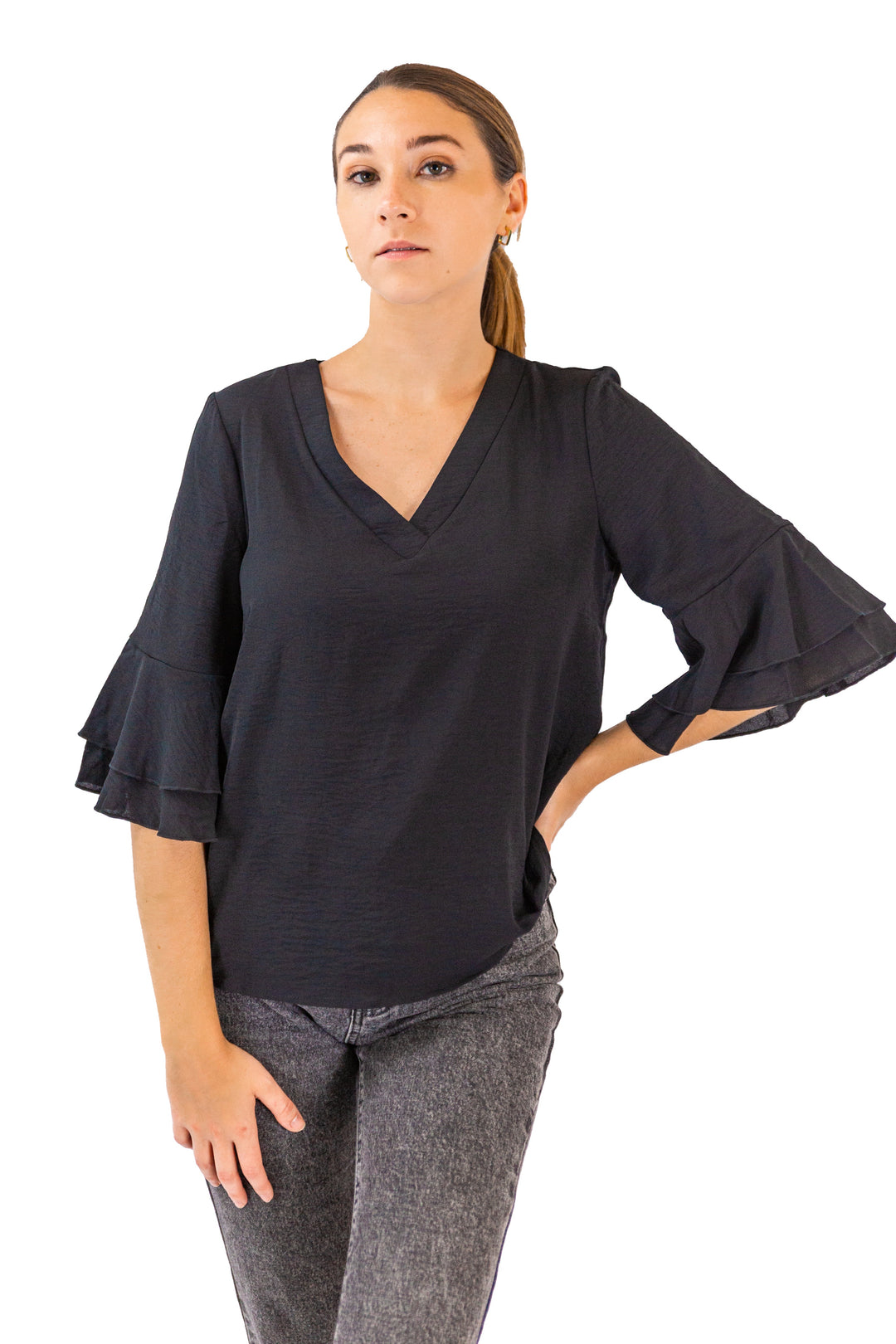 Fabonics Elegant Noir V-Neck Tunic with Bell Sleeves and Ruffle Detail in Classic Black
