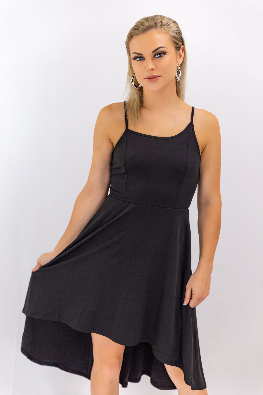 Fabonics Black Cascade Sleeveless Swing Mini Dress with Asymmetric Hem for Stylish Comfort
