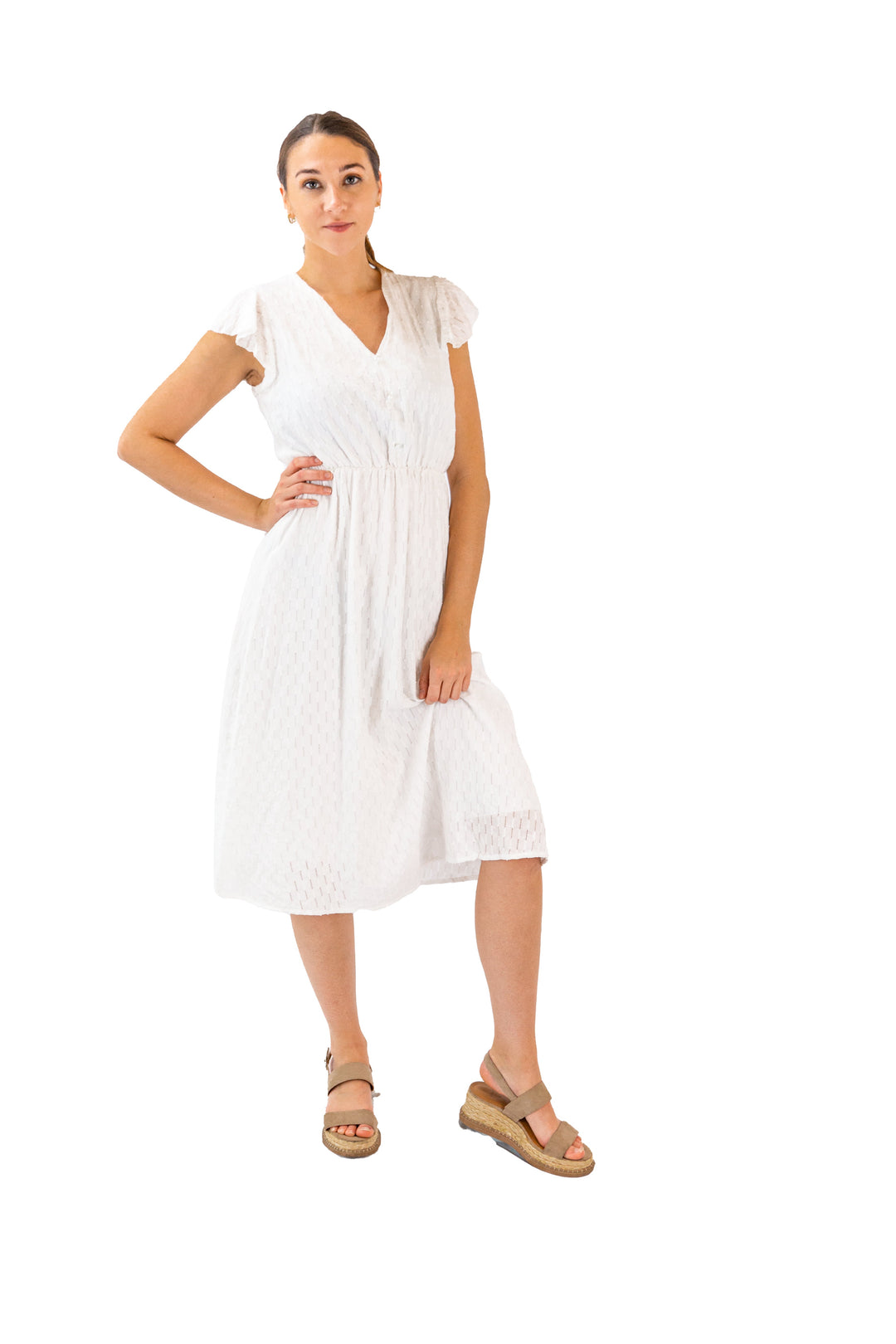 Fabonics Pristine Elegance White Midi Dress with Delicate Sleeves for Sophisticated Style