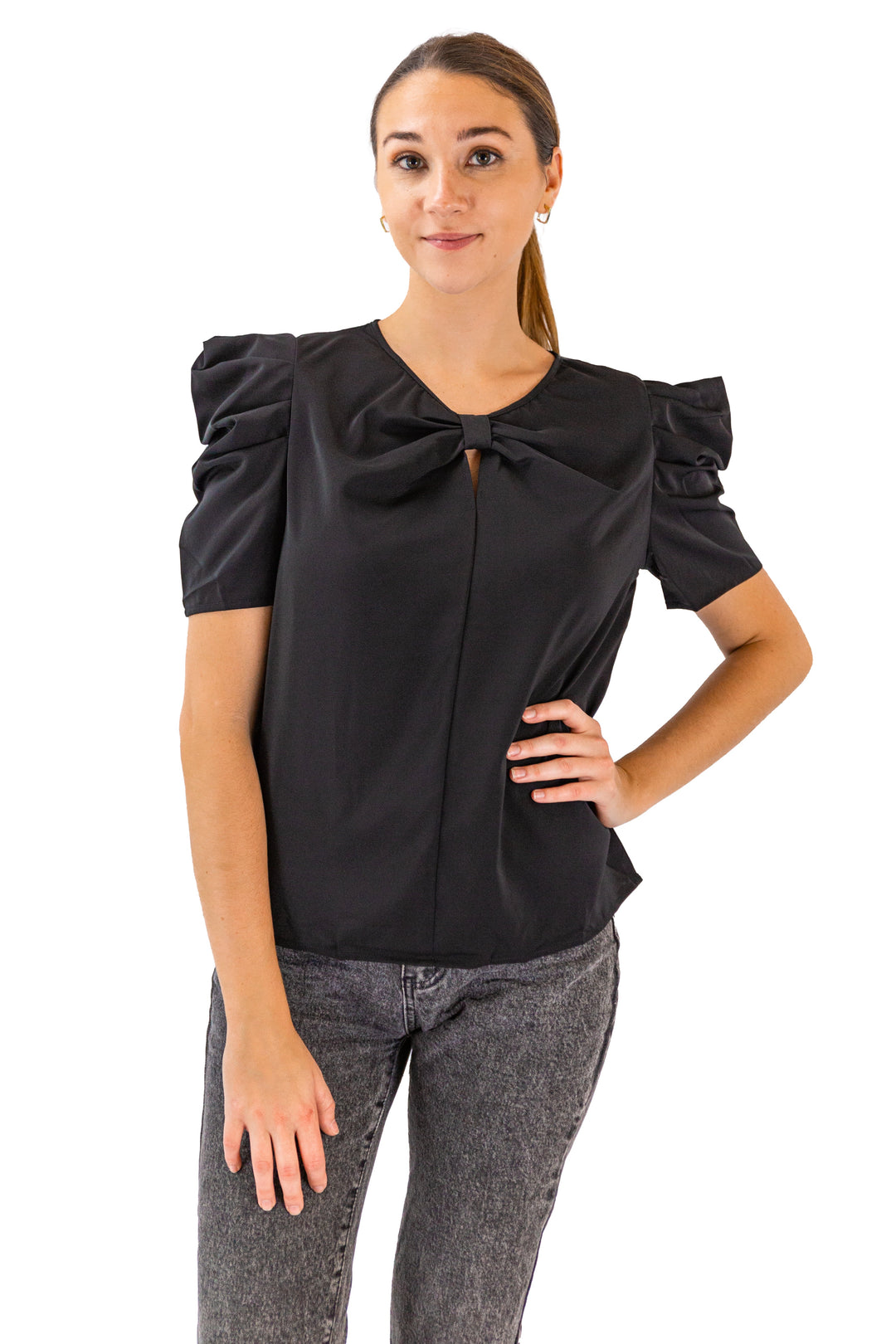 Fabonics Chic Noir V-Neck Blouse with Bow and Puff Sleeves in Elegant Black