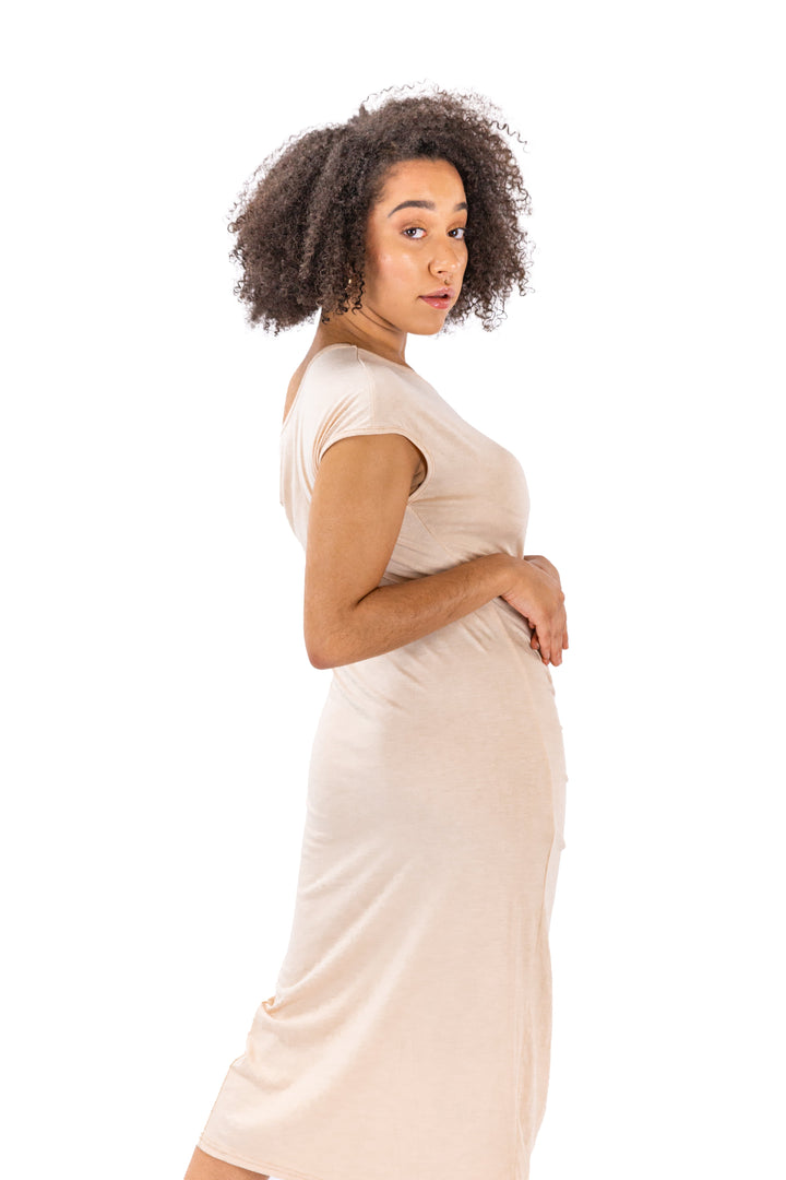 Contemporary Grace Beige Midi Dress With Front Slit