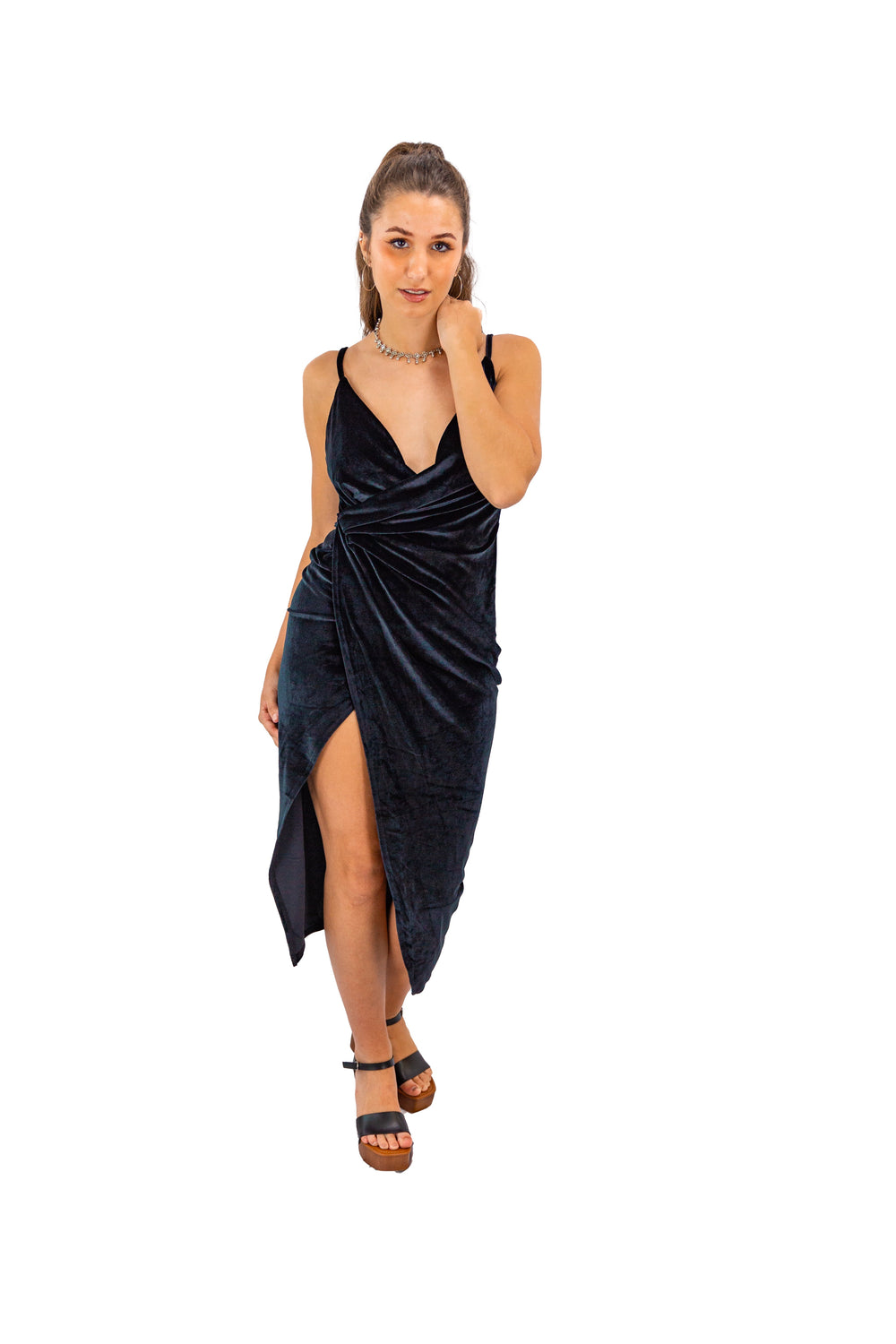 Midnight Deep V Wrap Cami Velvet Midi Dress