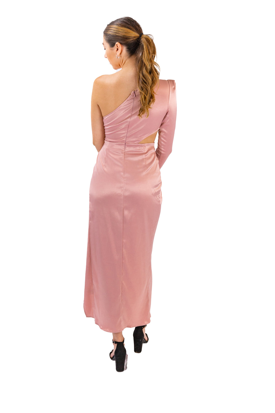 One Shoulder Satin Beige Maxi Dress