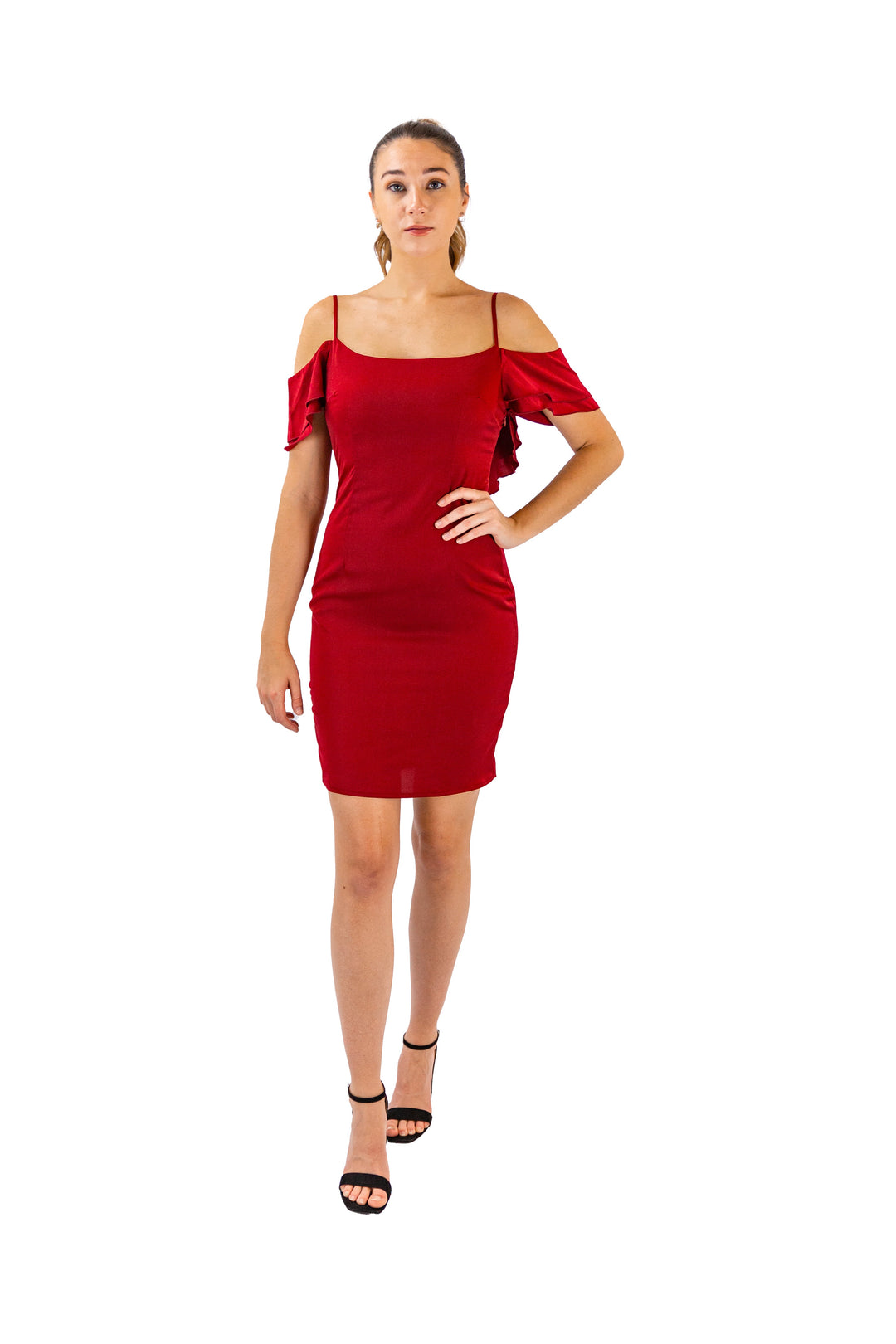 Fabonics Scarlet Allure Red Cold Shoulder Midi Dress with Ruffle Detail for Elegant Evening Wear