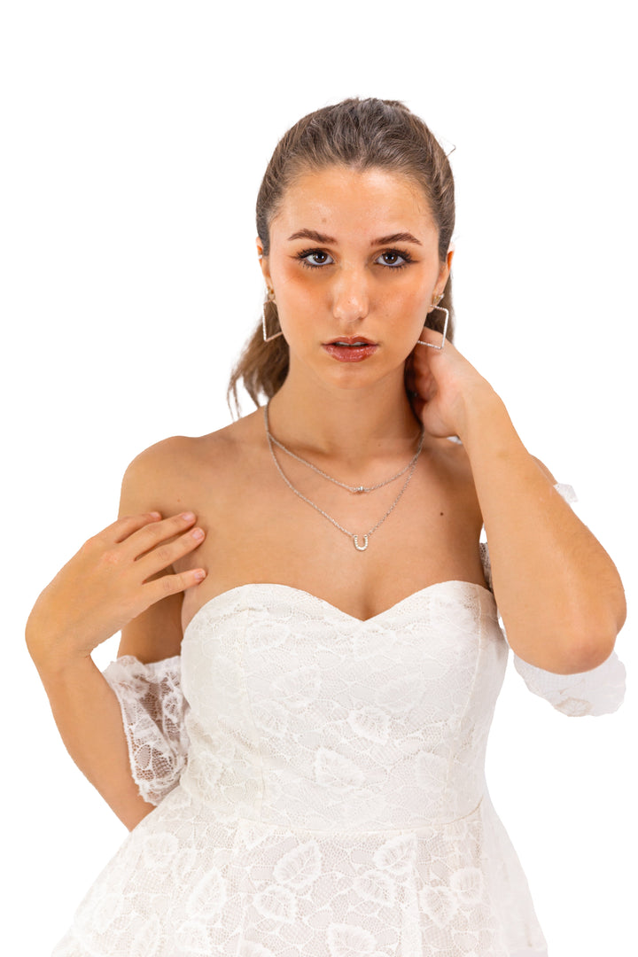 White Lace Off Shoulder Layered Dress for Women