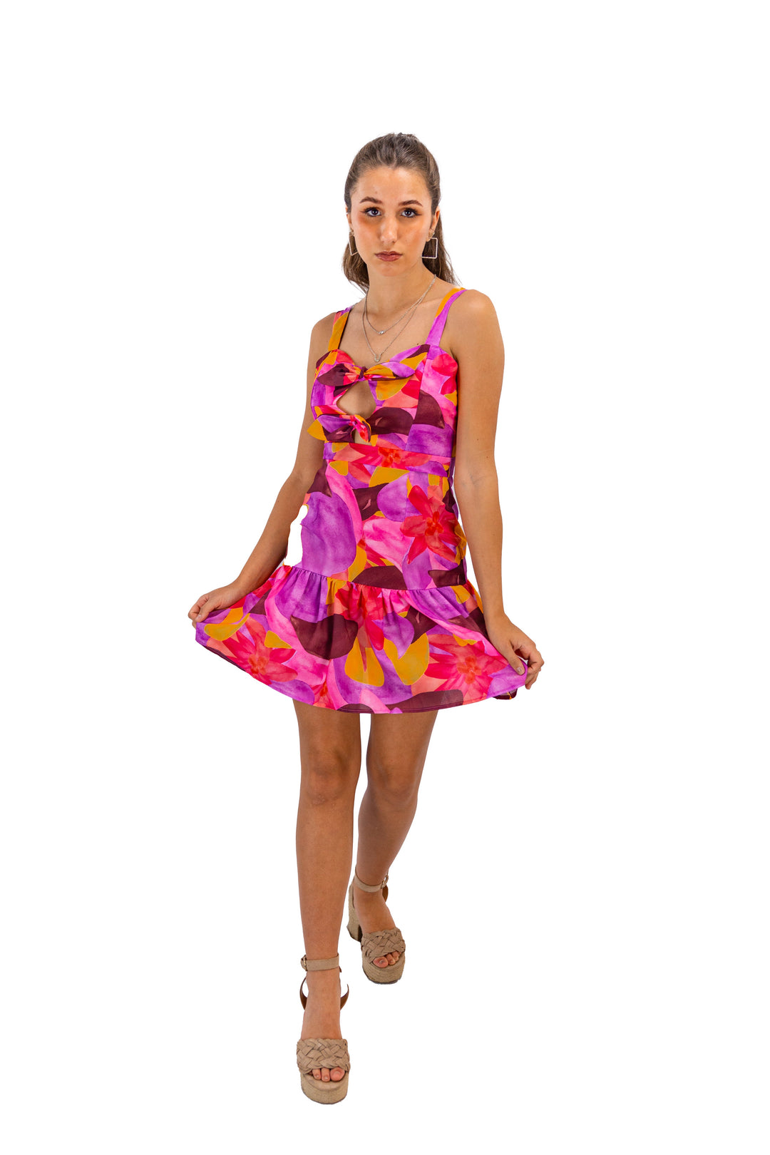 Pink Knot-wrap Abstract Dress for Women