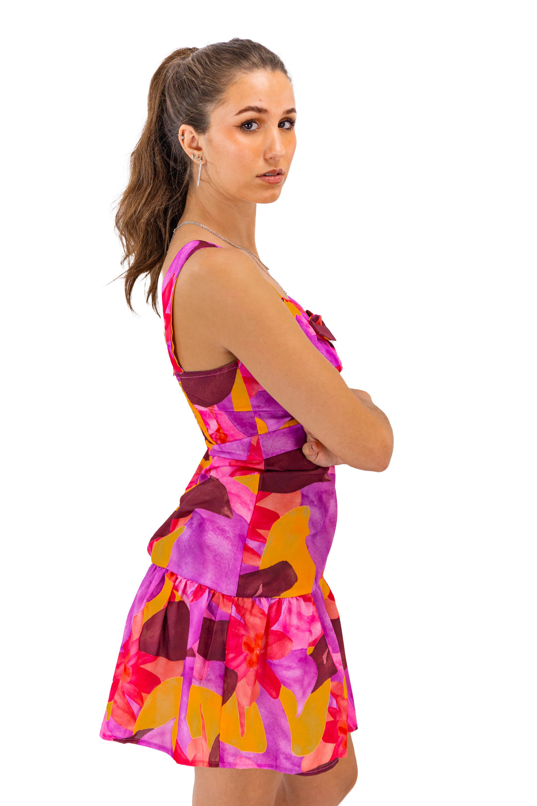 Pink Knot-wrap Abstract Dress for Women