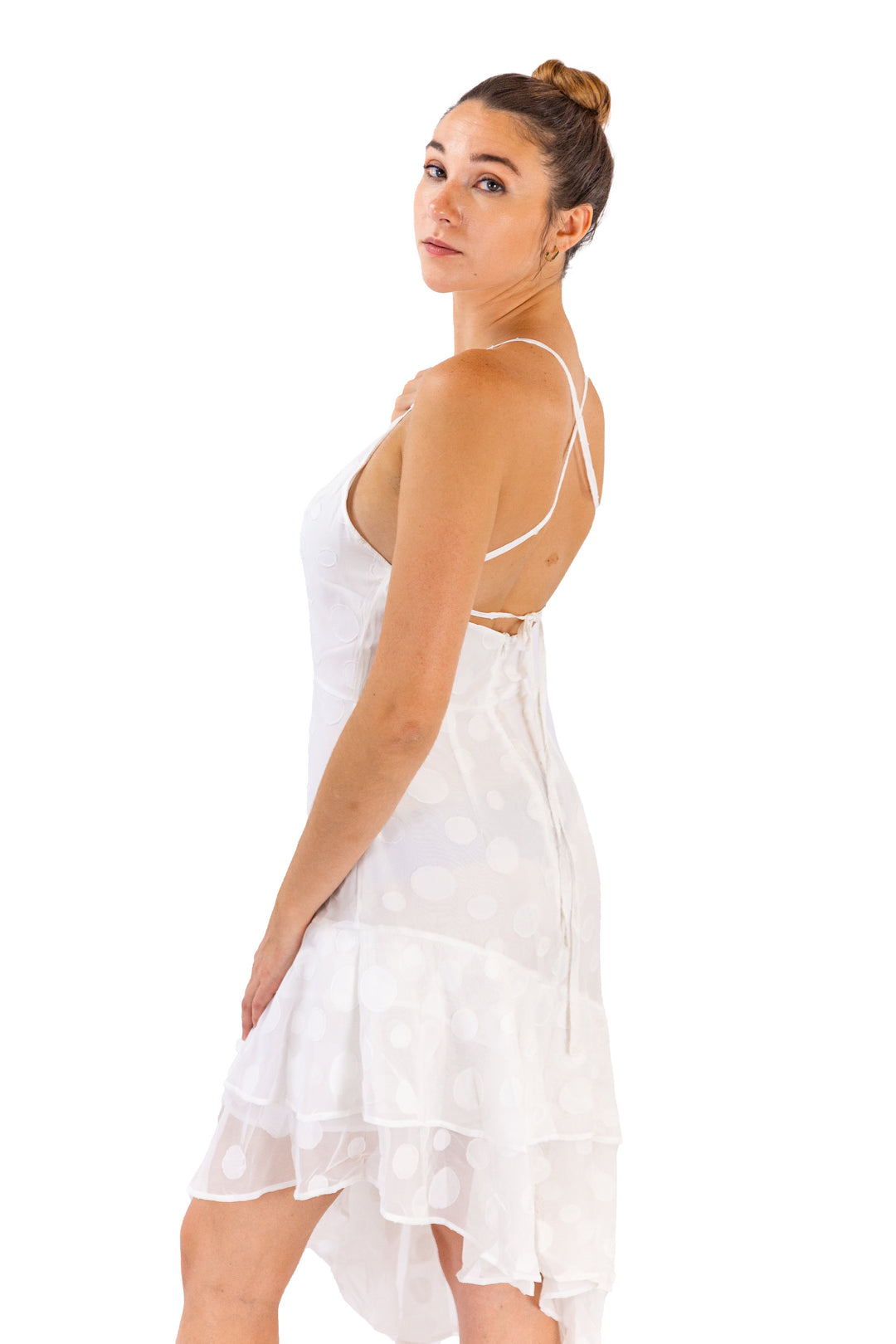 Whimsical White Polka-Dotted Bliss Asymmetry Ruffle Dress