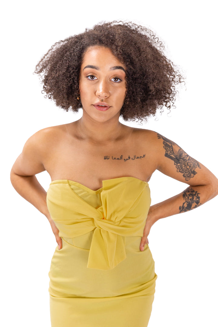 Sun-kissed Yellow Strapless Dress With Tie Front Detail