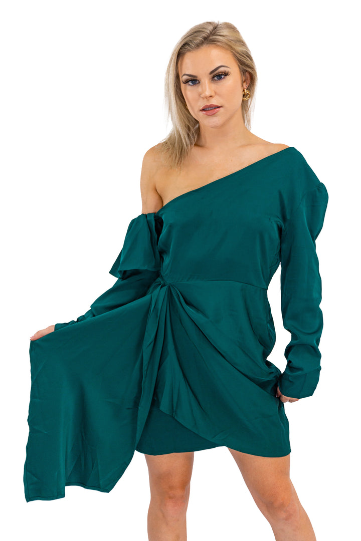 Satin One-shoulder Dress With Draped Front