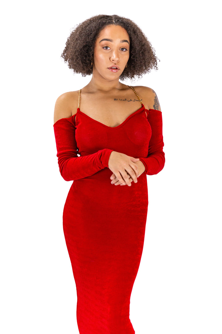 Metal Chain Adorned Off-Shoulder Bodycon Midi