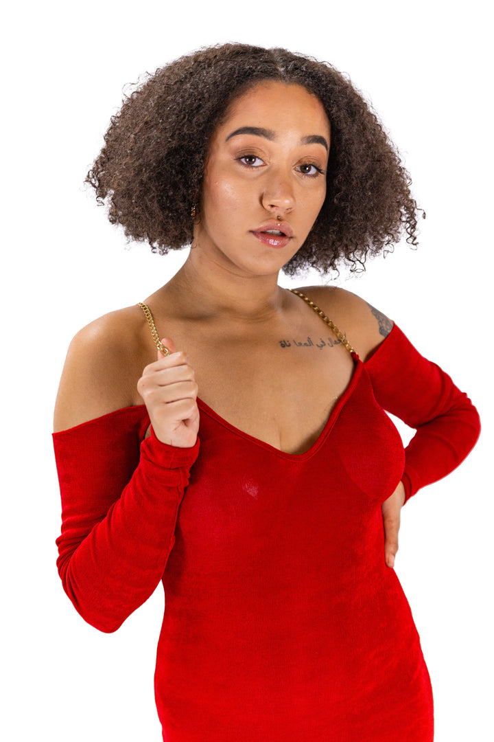 Bodycon Midi Dress with Off Shoulder & Metal Chain Adornment