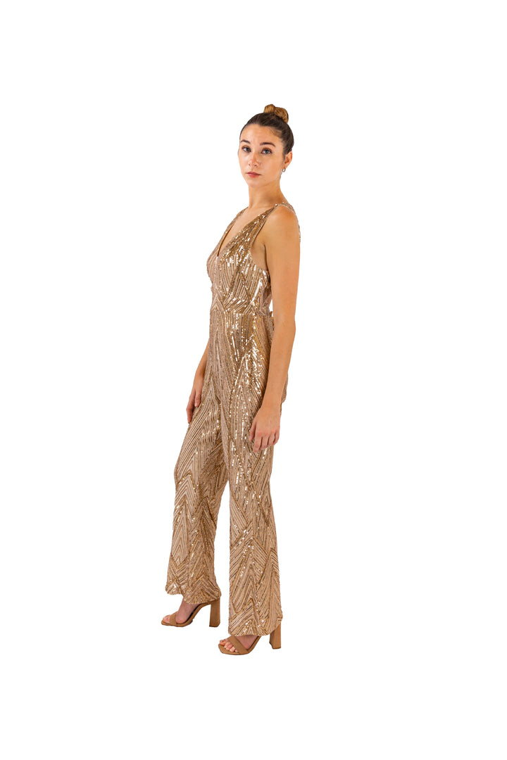 Golden Sequined Evening Jumpsuit Dresses for Women