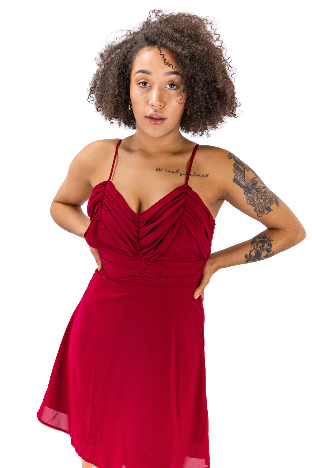 Fabonics Ruby Radiance Cocktail Dress with Elegant V-Neck and Strappy Design in Vibrant Ruby Red