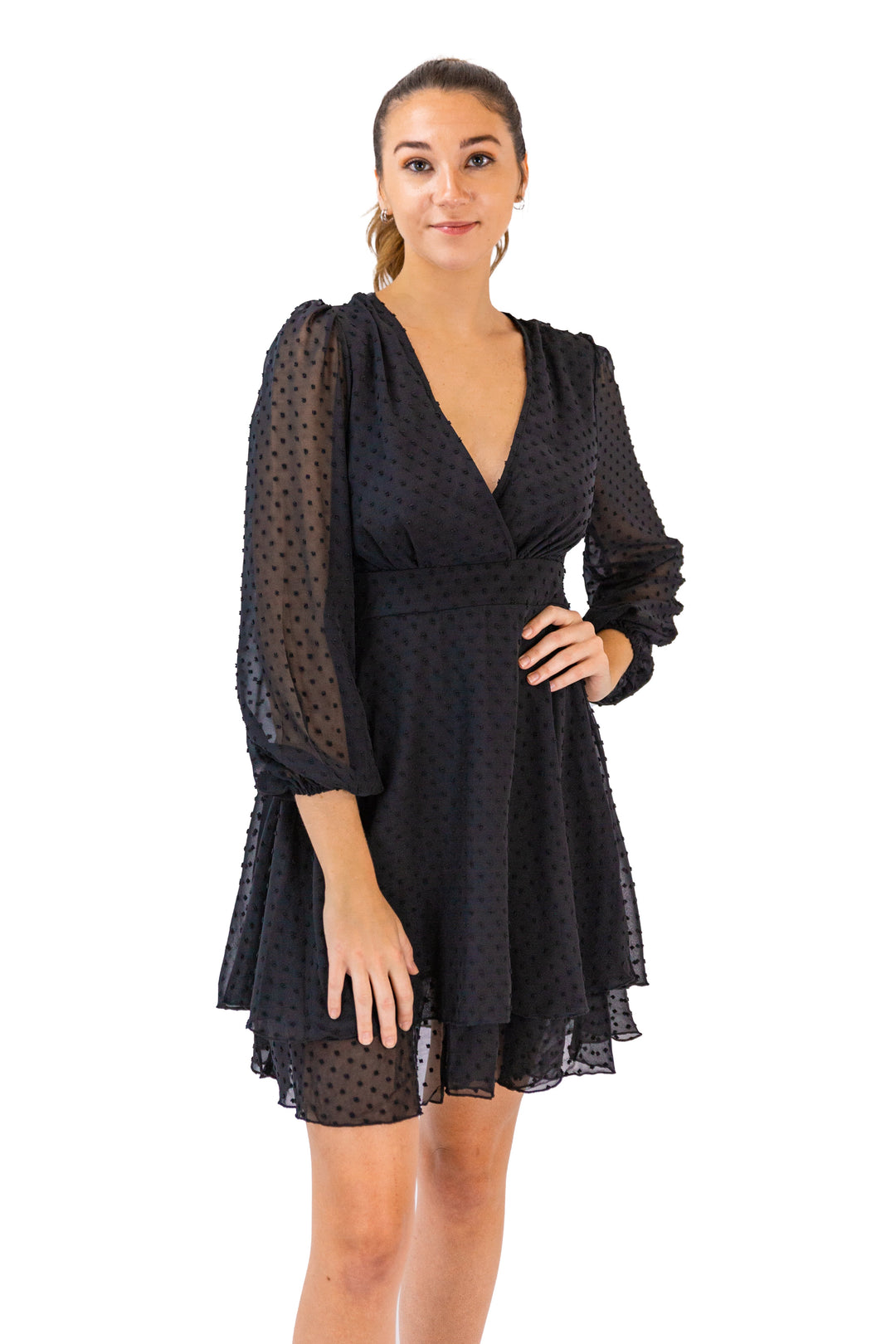 Fabonics Midnight Charm Black Dot-Mesh Skater Dress with Elegant Long Sleeves and Flared Design for Stylish Evening Wear