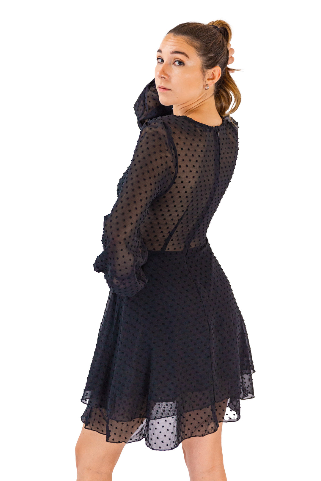 Midnight Charm: Black Dot-Mesh Skater Dress