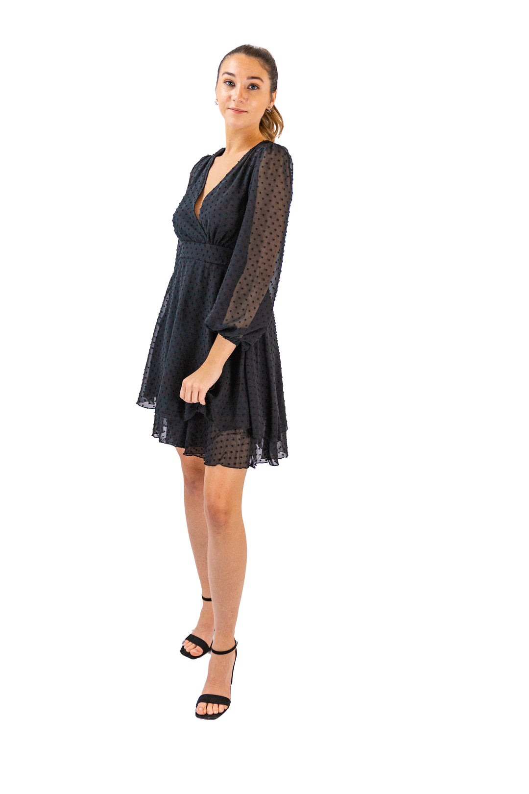 Midnight Charm: Black Dot-Mesh Skater Dress