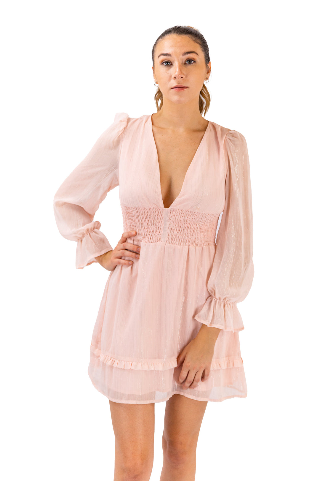 Dusty Rose Dress with Plunge Neckline and Sheer Sleeves