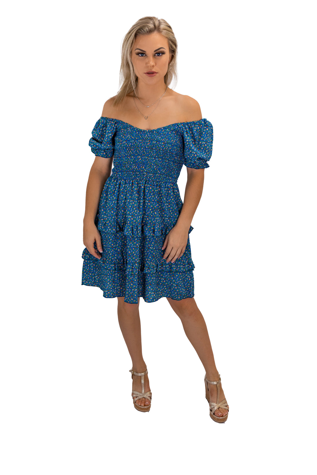 Fabonics Breezy Blooms Blue Off-Shoulder Ruffle Dress with Floral Print, Ideal for Day to Evening Elegance