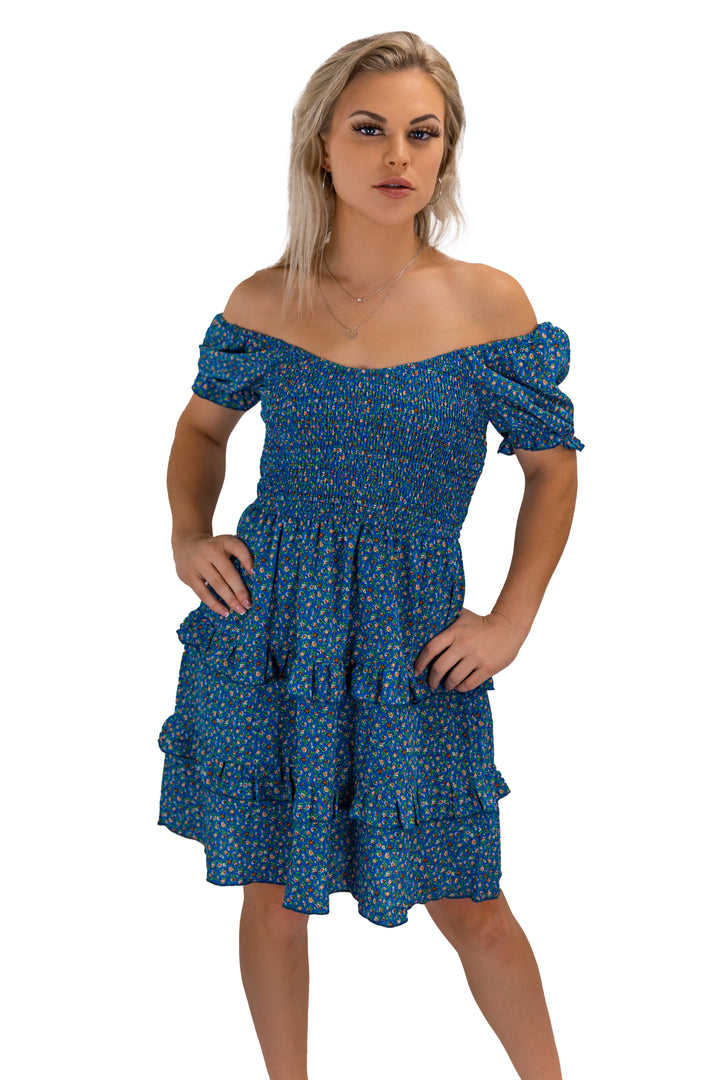 Breezy Blooms: Blue Off-Shoulder Ruffle Dress