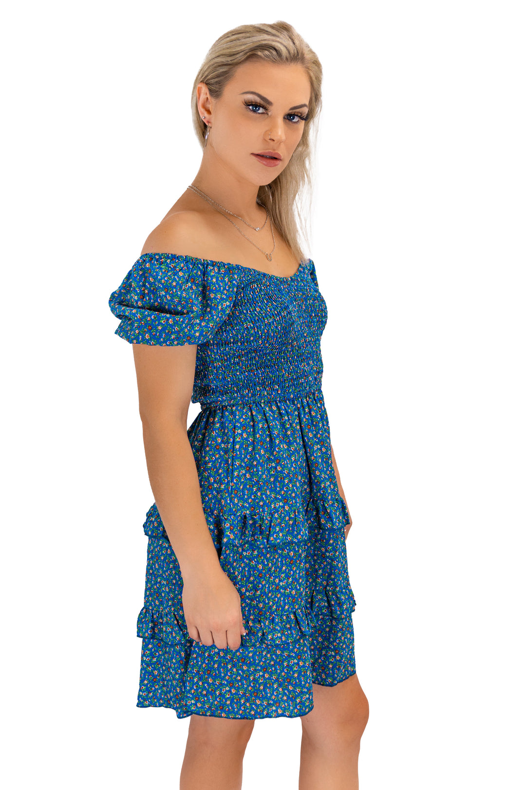 Breezy Blooms: Blue Off-Shoulder Ruffle Dress
