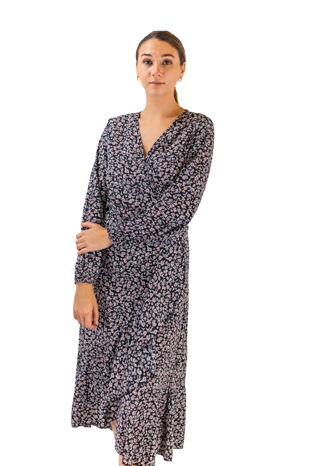 Elegant Lavish Lavender Long-Sleeved Midi Dress by Fabonics, featuring a Ruffle-Wrap Design in a Beautiful Purple Shade, ideal for Versatile Styling