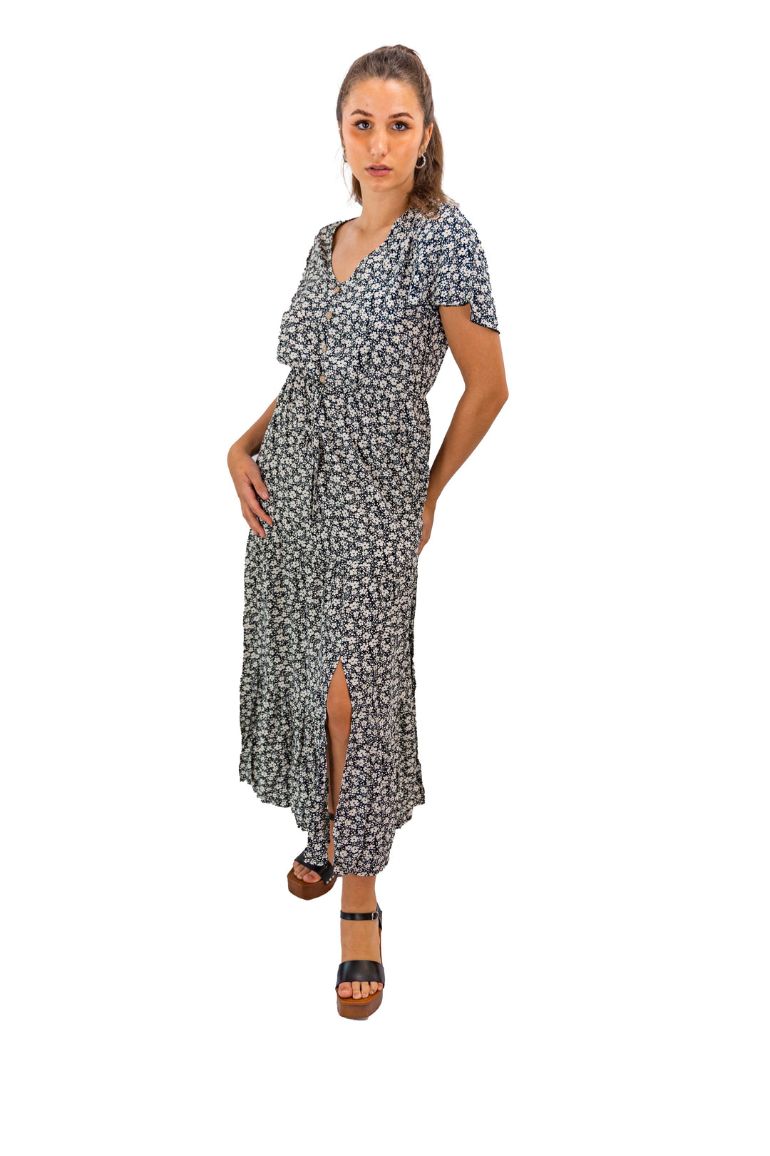 Black Floral Midi Dress with a Stylish Twist