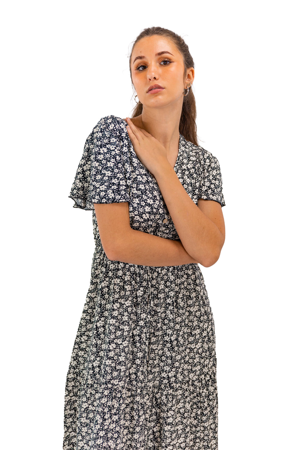 Black Floral Midi Dress with a Stylish Twist