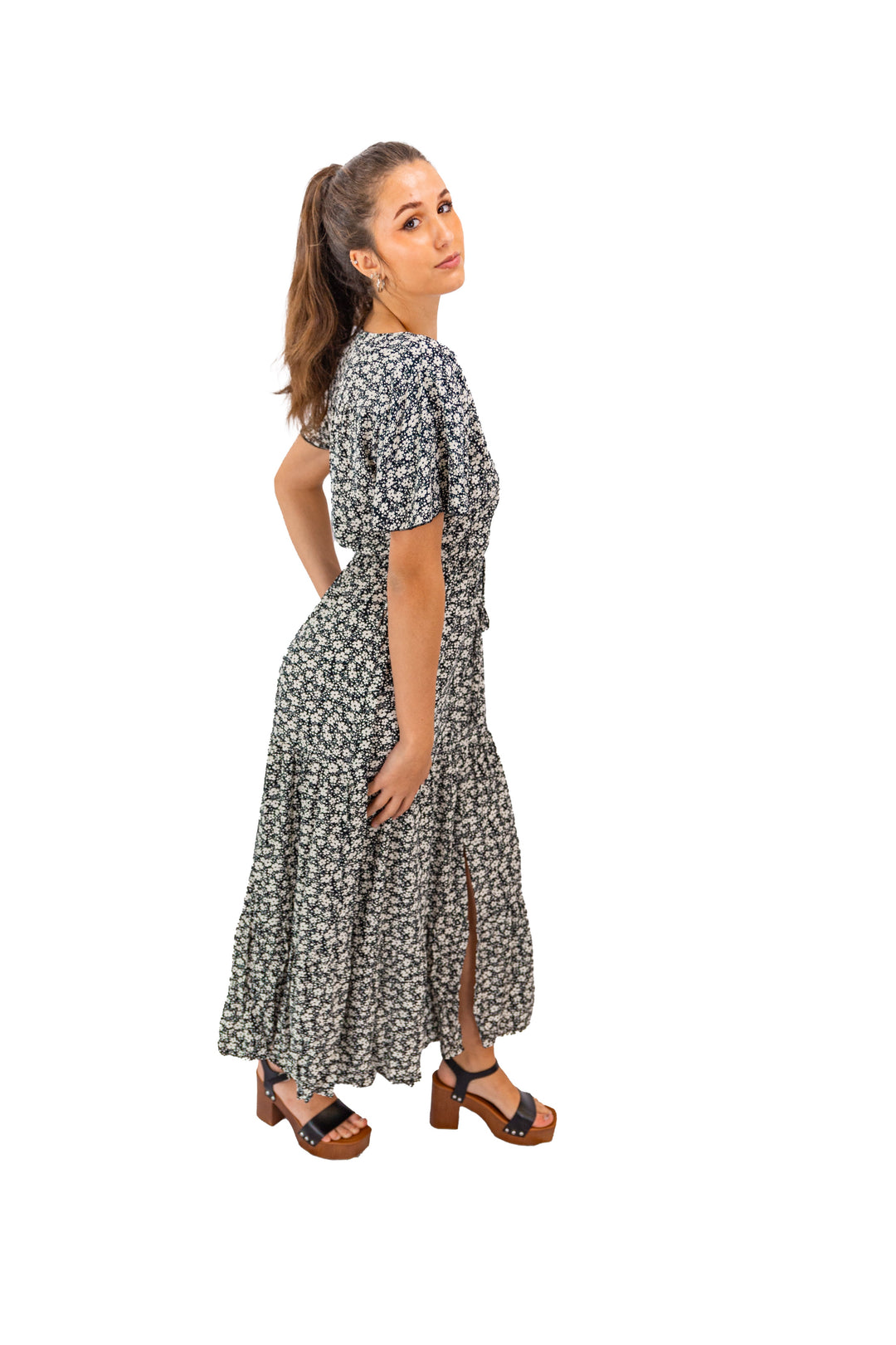 Black Floral Midi Dress with a Stylish Twist