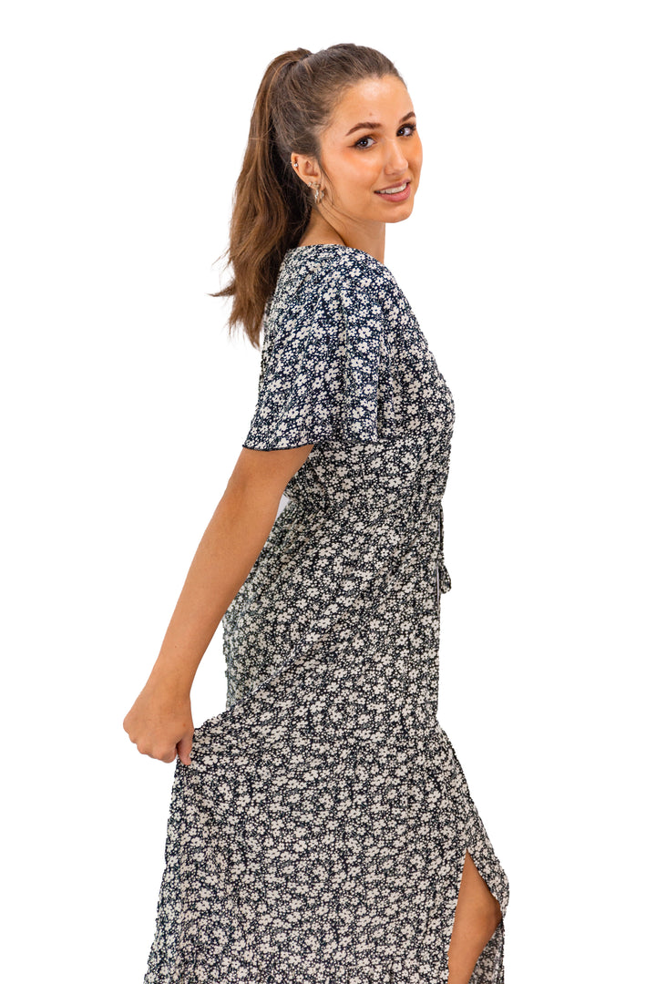 Black Floral Midi Dress with a Stylish Twist