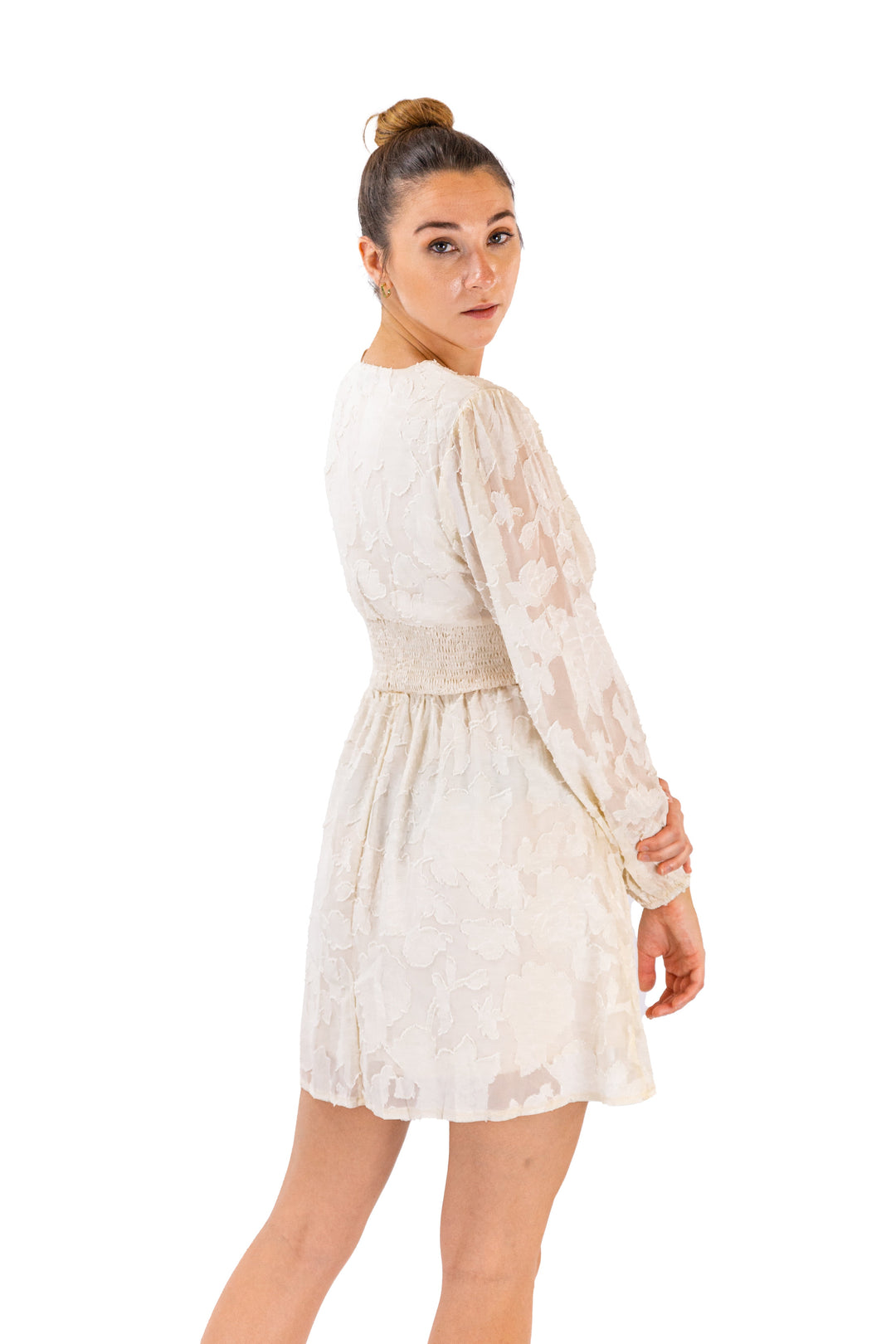 White Cinched Dress With Long Sleeves