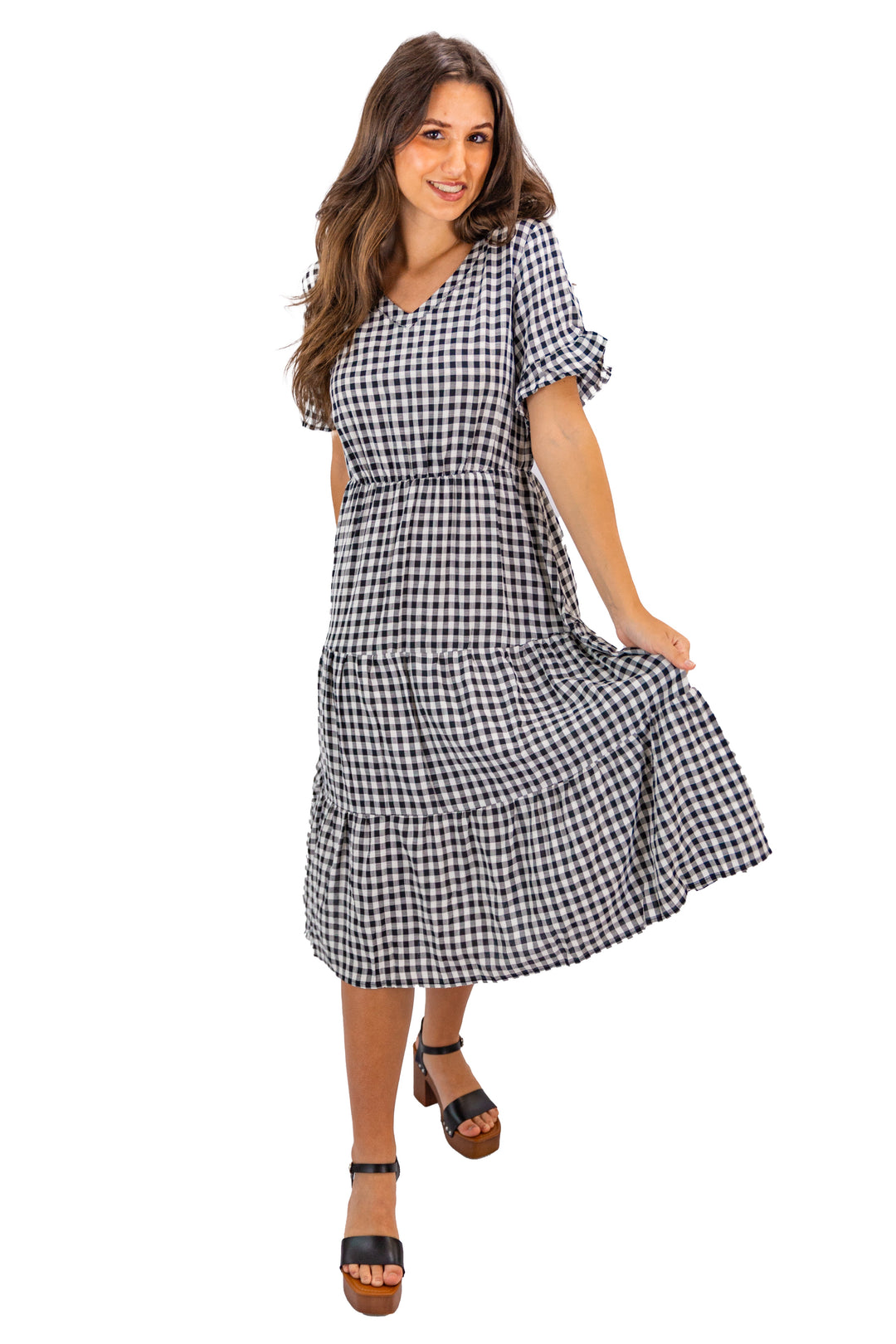 Fabonics Classic Elegance Black and White Plaid Midi Dress with V-Neck and Ruffle Detail