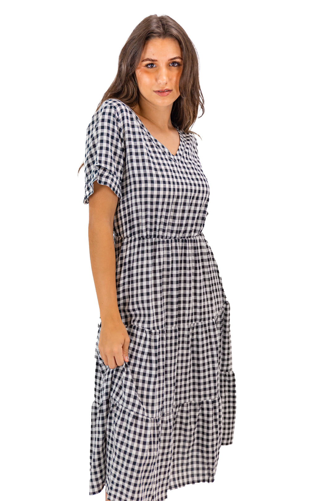 Classic Elegance: Black V-Neck Plaid Midi with Ruffle Detail