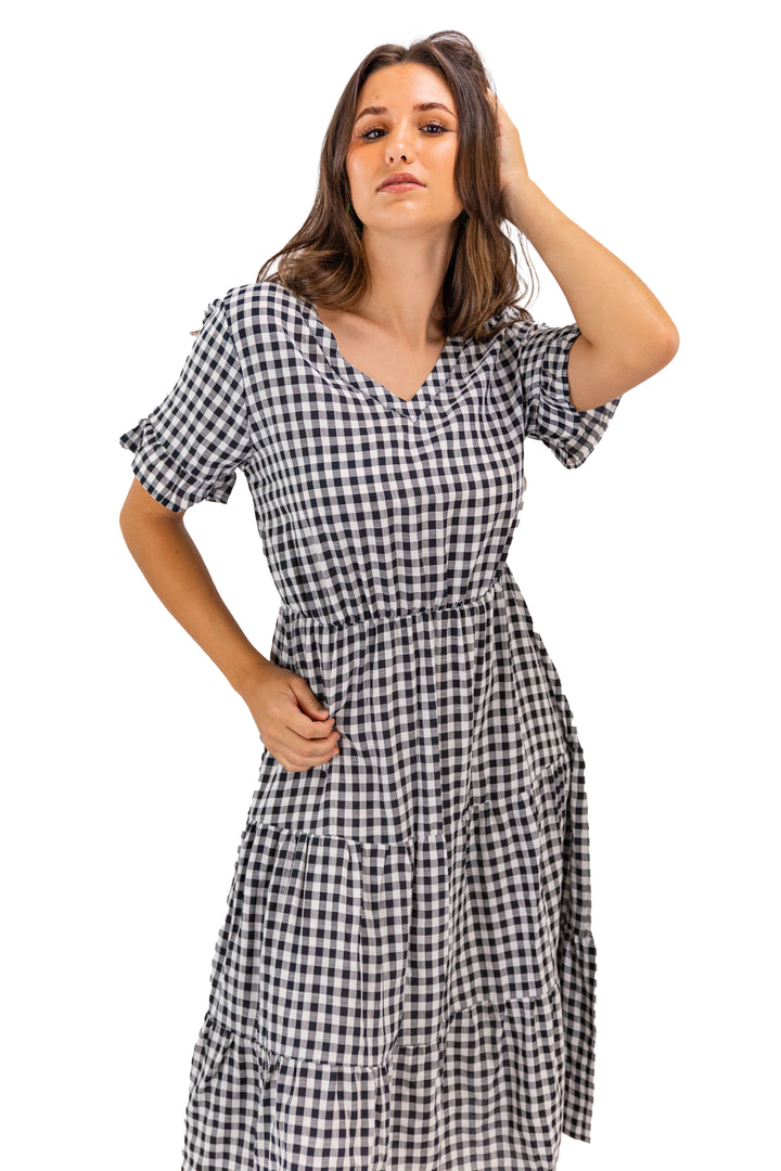 Black V-neck Plaid Midi Dress With Ruffle Detail