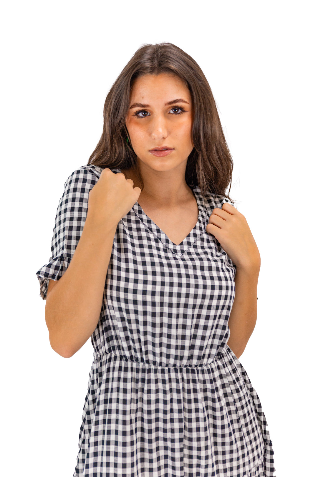 Black V-neck Plaid Midi Dress With Ruffle Detail