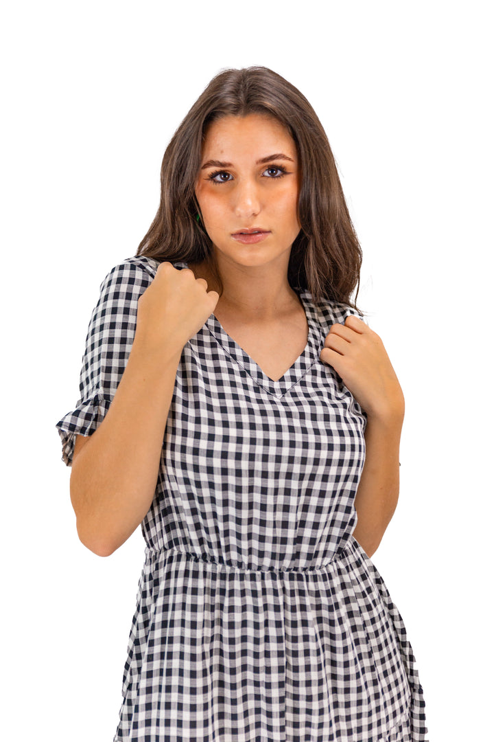 Black V-neck Plaid Midi Dress With Ruffle Detail