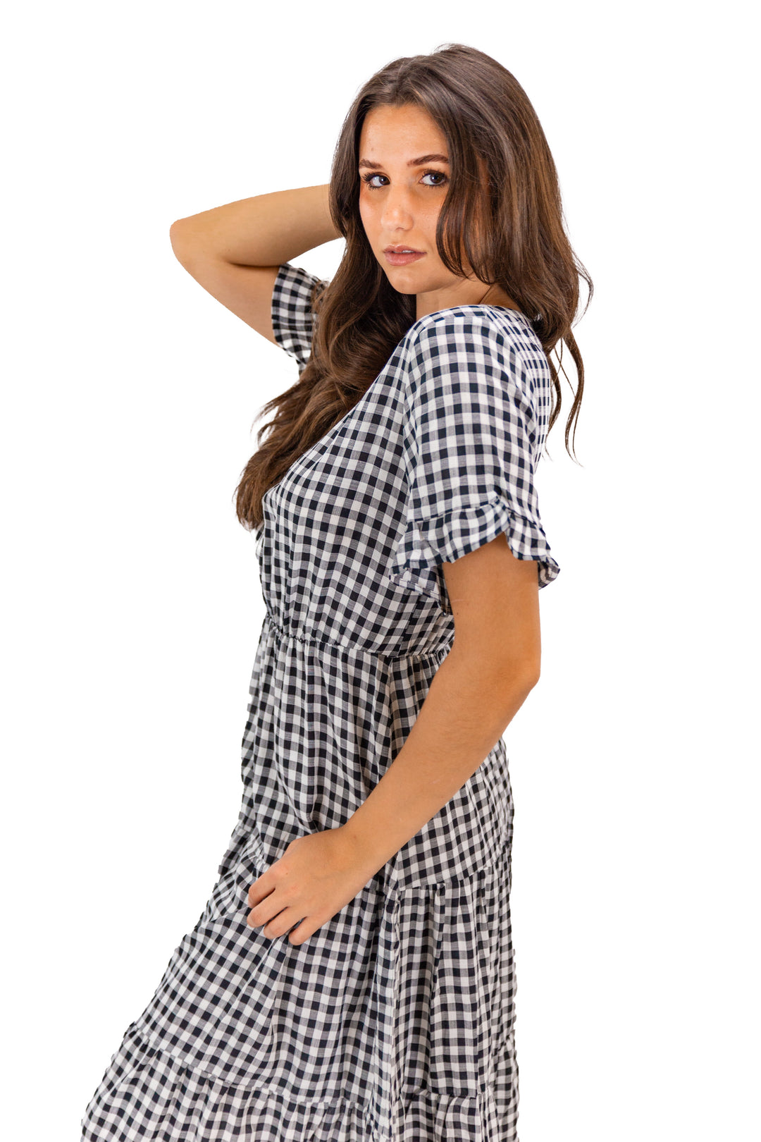 Black V-neck Plaid Midi Dress With Ruffle Detail