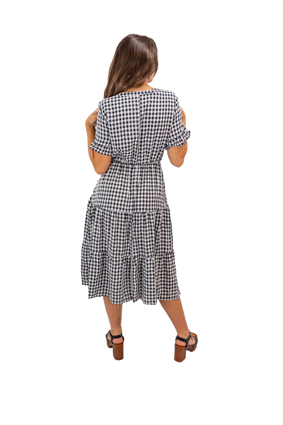 Black V-neck Plaid Midi Dress With Ruffle Detail