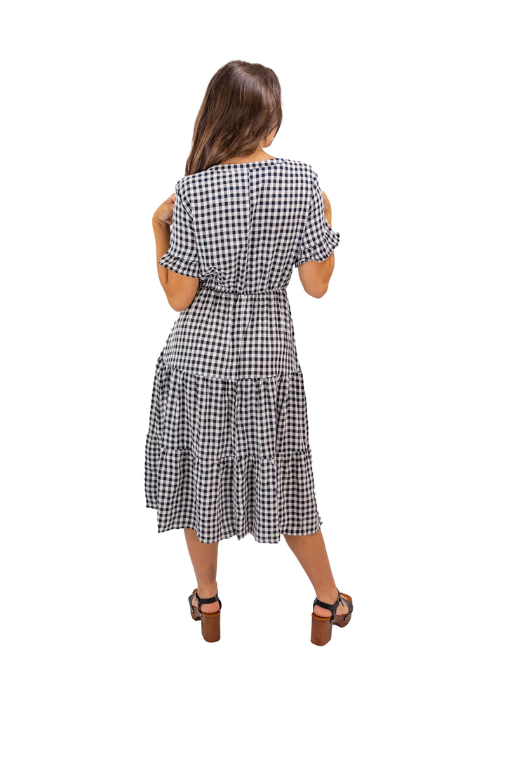 Classic Elegance: Black V-Neck Plaid Midi with Ruffle Detail