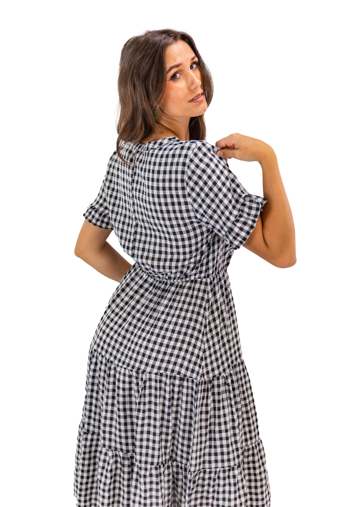 Black V-neck Plaid Midi Dress With Ruffle Detail