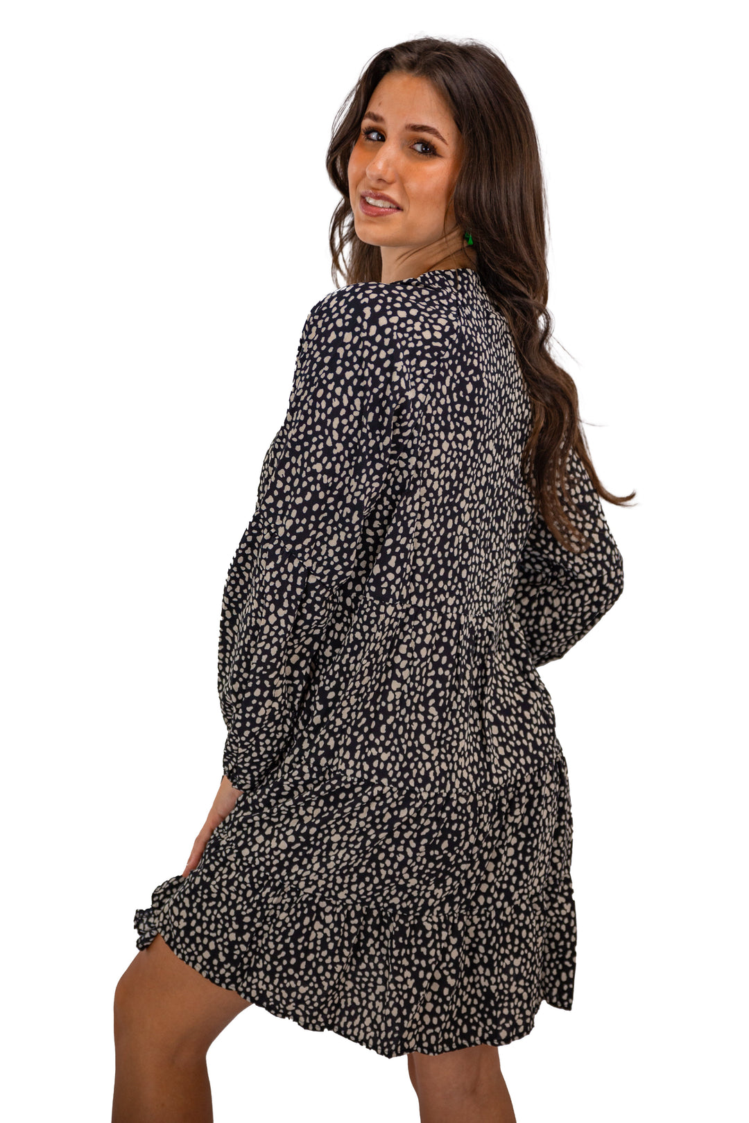 Black Speckled Long Sleeve Cotton Mini Dress